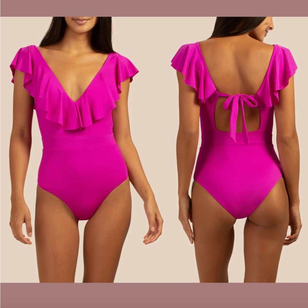 NWT $154 Trina Turk‎ [ 2 ] Atlas Ruffle Plunge One-Piece Swimsuit Orchid #5933